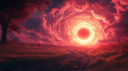 A vivid, surreal landscape with an ominous red portal dominating the sky. A dirt path leads to it, framed by a tree and fields