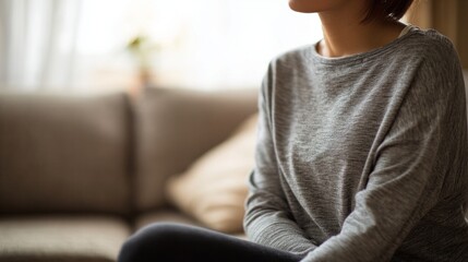 Obraz premium Relaxed woman sitting on sofa in comfortable home attire, soft diffused window light in living room. 