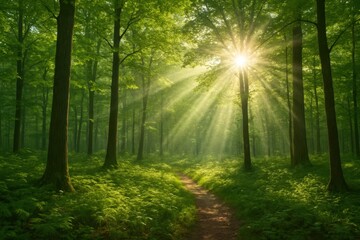 Obraz premium A Pathway Through a Luminous Forest at Dawn