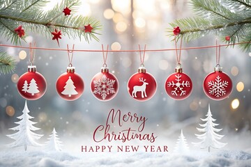 Merry christmas and happy new year greeting card with hanging ornaments, snow covered trees, and bokeh lights, creating a festive and dreamy holiday scene