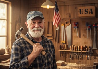 Obraz premium Smiling carpenter with hammer in workshop tools USA flag and wood shavings