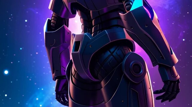 Futuristic robot standing in front of a stunning galaxy background with stars and nebulae