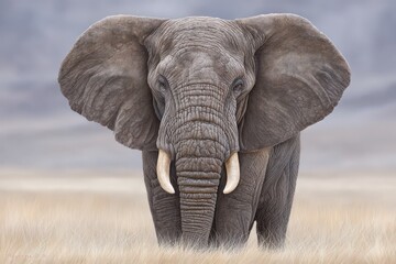 Naklejka premium Majestic African elephant standing in golden grassland showcasing intricate textures and details of its skin creating a powerful impression of strength and grace under soft natural lighting