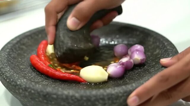 The process of grinding chili sauce in a chili sauce mortar made of natural stone.