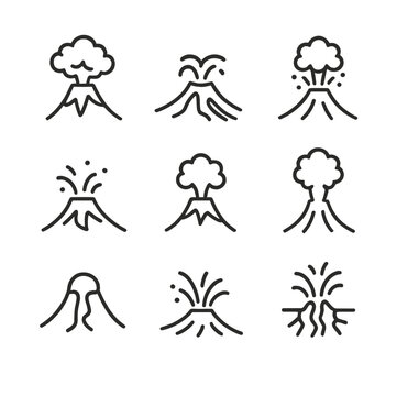Volcanic Eruption Icons. Outline icon set of volcanic eruption types: explosive, effusive, phreatic, strombolian, vulcanian,