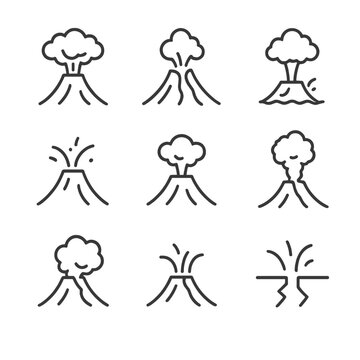 Volcanic Eruption Icons. Outline icon set of volcanic eruption types: explosive, effusive, phreatic, strombolian, vulcanian,