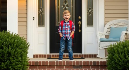 Excited young boy with backpack ready for first day of school on sunny morning