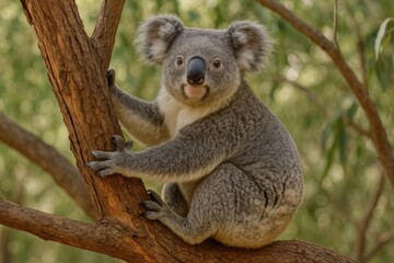 Naklejka premium A joyful koala enjoys a sunny day perched on a tree branch