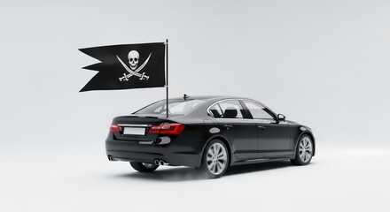Modern Rebellion: Sleek Black Sedan in Motion with a Waving Pirate Flag