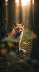 Fox Sitting in Forest with Warm Sunset Lighting and Natural Colors