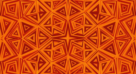 Intricate geometric pattern of interlocking triangles in warm red and orange hues creating a symmetrical and hypnotic visual experience