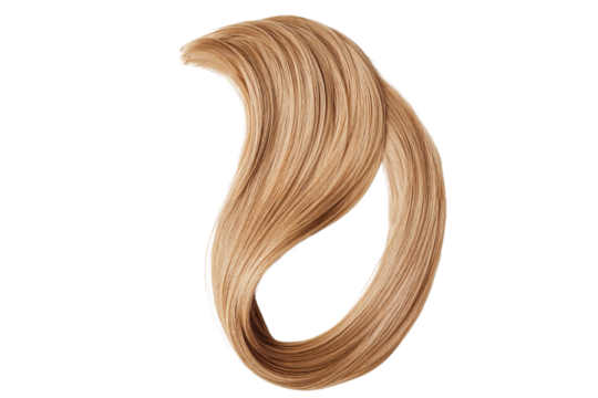 Single strand of smooth, shiny blonde hair isolated on white or transparent background
