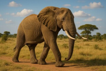 Obraz premium A majestic elephant strides through the golden savanna under a clear blue sky