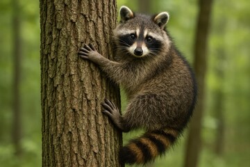 Fototapeta premium A playful raccoon clings onto a tree trunk in a serene forest setting