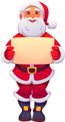 Cartoon Christmas Santa character holding a blank sign for holiday messages, Xmas greetings or promotional content. Vector joyful Santa Claus personage with a warm smile and traditional red outfit