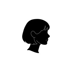 Black vector silhouette of a woman in profile with a chin-length bob haircut and bangs. Modern minimalist graphic ideal for use in hairdresser logos, beauty products, avatar design