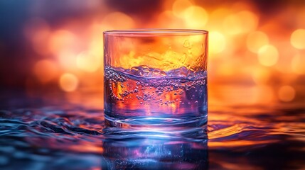 A glass of water sits with bubbly movement against a blurred background of fiery orange & blue bokeh. Water ripples