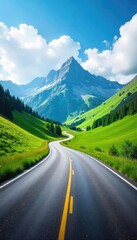 Naklejka premium A scenic mountain pass road winds through lush green hills under a vibrant blue sky Perfect for travel, adventure, and nature-themed projects , scenic route, car, journey