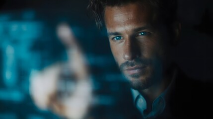 Futuristic executive controlling holographic dashboard in sleek office environment