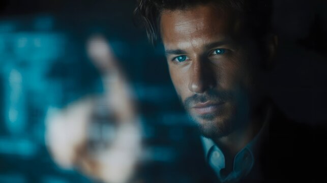 Futuristic executive controlling holographic dashboard in sleek office environment