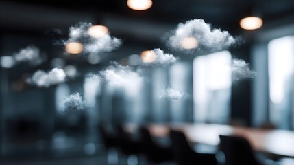 Obraz premium Holographic cloud security icons in a business meeting room