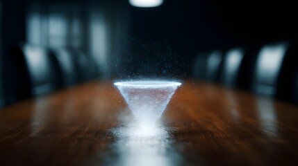 Holographic sales funnel icon over conference table
