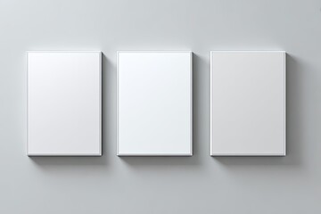 Naklejka premium Three blank, white canvases mounted on a light gray wall