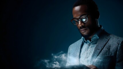 Fototapeta premium Startup founder accessing holographic cloud storage panel