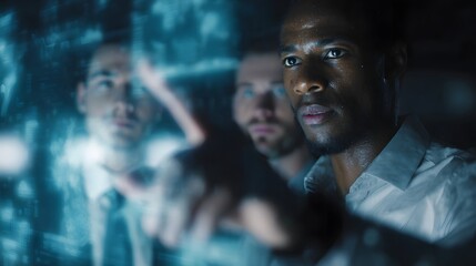 Corporate team discussing holographic workflow charts in a digital workspace