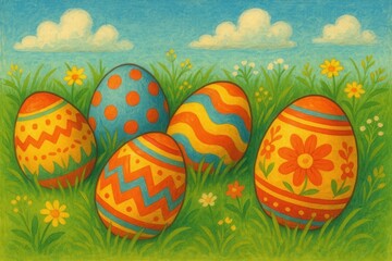 A Vibrant Palette of Easter Eggs in a Field of Blooming Flowers