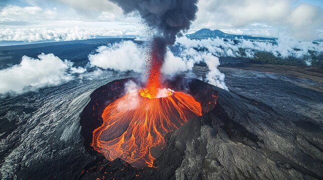 Aerial view of an active volcano with lava flows