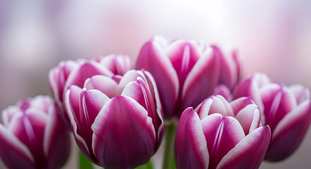 Fototapeta premium Closeup of vibrant pink and white tulips blooming in a garden during springtime