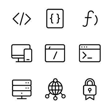 Web Development Icons. Outline icon set of web development code: HTML tag, CSS style, JavaScript function, responsive design, API