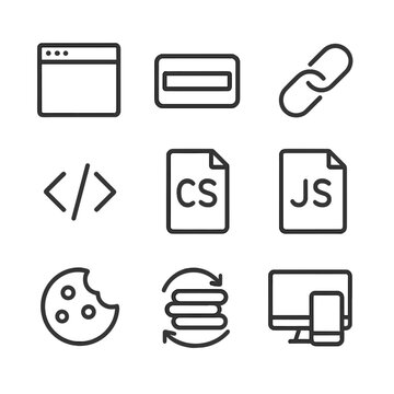 Web Icons Grid. Outline icon set of digital web fundamentals: browser window, URL bar, hyperlink, HTML code, CSS style, JavaScript