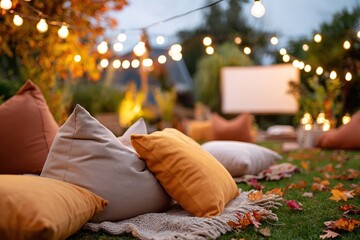 Cozy autumn outdoor cinema setup with cushions and string lights in a lovely garden