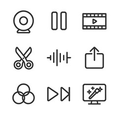 Fototapeta premium Webcam Icon Set. Outline icon set of webcam recording and editing: record button, pause button, video timeline, cut tool, audio