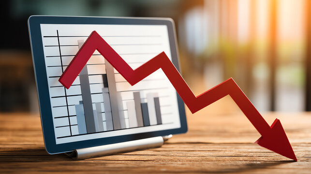 Image depicts digital tablet displaying downward trend graph, symbolizing economic recession