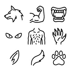 Obraz premium Werewolf Anatomy Icons. Outline icon set of werewolf anatomy: wolf head, muscular arm, sharp teeth, glowing eyes, hairy torso,