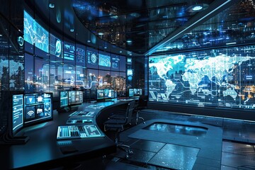 Futuristic home security room with digital maps and live surveillance feeds