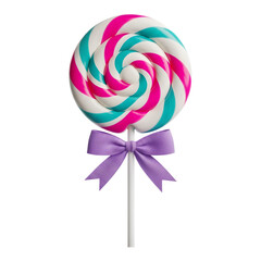 Colorful swirl lollipop with purple ribbon bow isolated on transparent background
