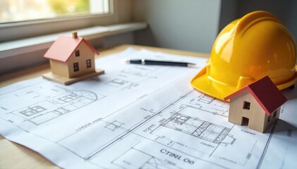 Architect's blueprint spread on a table beside a hard hat and a miniature house model, signifying construction planning and building process , building codes, real estate, project