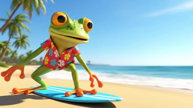 Cartoonish but realistic frog in bright shirt posing with a surf stance, surrounded by sunny beach