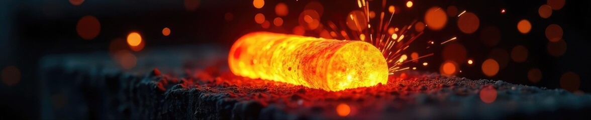 Close-up of a glowing, red-hot metal bar being heated in a forge, sparks flying, demonstrating intense heat and energy ,  smelting,  fiery