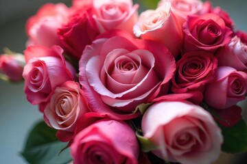 Naklejka premium Close-up of a peaceful heart-shaped arrangement of pink and red roses, soft lighting, petals gently unfurling, conveying serenity and tranquility , heart, healing