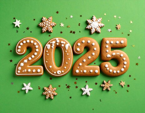 Festive gingerbread cookies spell out 2025 new year's celebration on green background