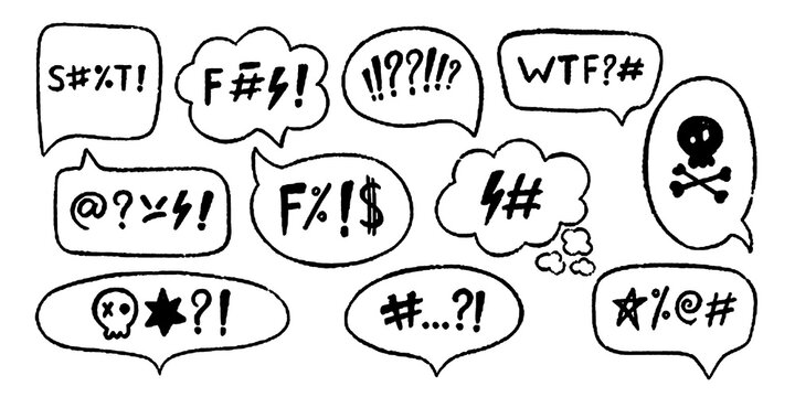 Comic speech bubbles with angry, swear words. Hand drawn crayon speech bubbles with the curses, insults, vulgar rage, swear word symbol and offensive language. Bad words in comic dialog box or frame