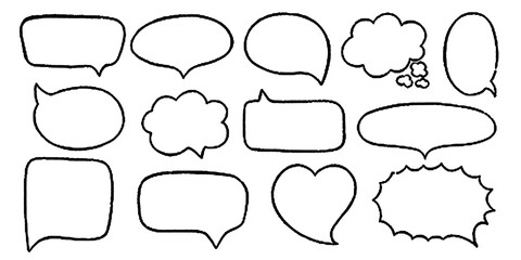 Chalk pencil speech bubbles doodle set. Crayon frames, comic talk balloon. Grange texture. Hand drawn kid's style pencil dialog balloon, various text clouds. Hand drawn vector illustration
