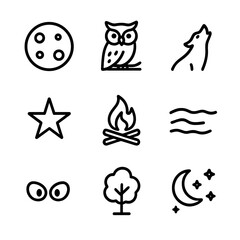 Wild Night Icon Set. Outline icon set of wild night: full moon, owl, wolf howl, star, campfire, shadows, eyes in dark, tree