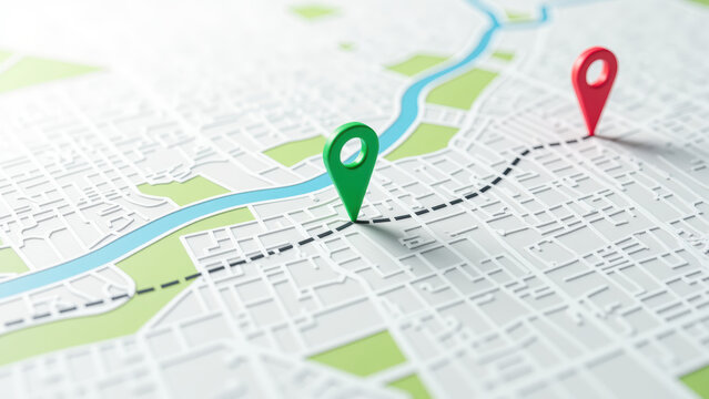 Map with location markers green and red pins urban layout navigation route planning city streets geographic representation travel