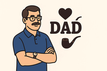Minimal cartoon dad illustration with mustache, folded arms and heart pipe next to DAD text